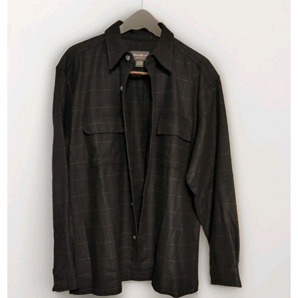 Vintage Eddie Bauer Wool Flannel Shirt Mens L Black Button Up Long Sleeve